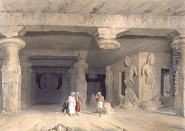 Interior of the Great Cave Temple of Elephanta, near Bombay, in 1803, from Volume II of Scenery, Costumes and Architecture of India, engraved by J. Baily, pub. by Smith, Elder and Company, 1830 Oil Painting - William Westall