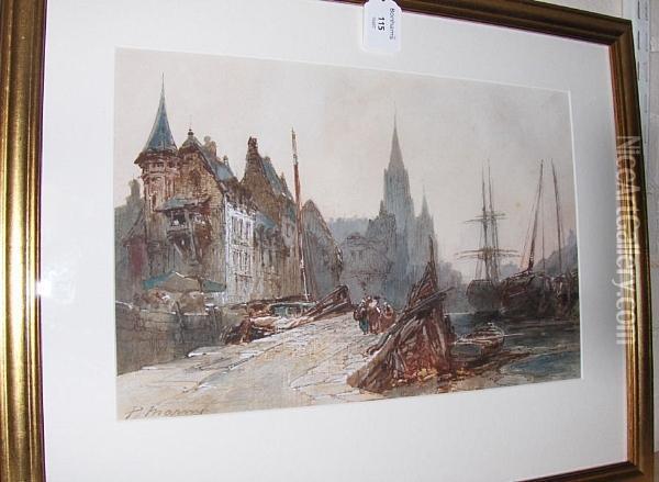 Figures On The Dockside, Signed, Watercolourand Bodycolour Oil Painting - Paul Marny