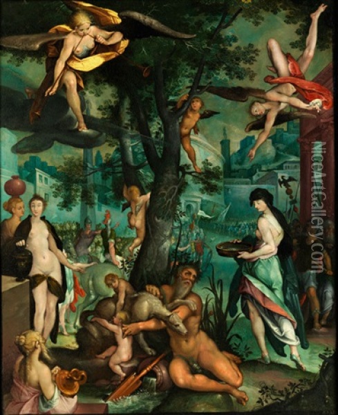 Romulus Und Remus Mit Der Vestalin Tuccia Oil Painting - Bartholomaeus Spranger