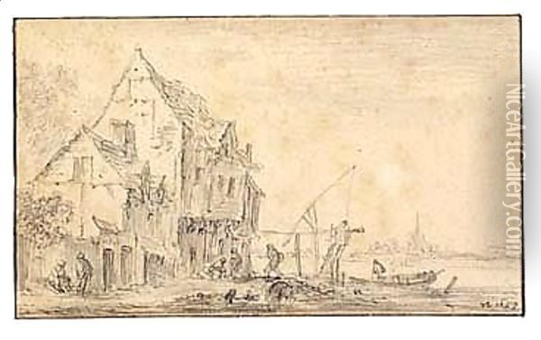 Houses And Figures By A River Oil Painting - Jan van Goyen
