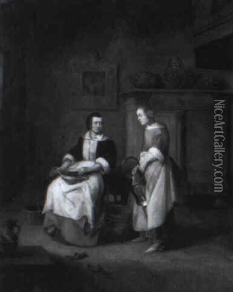 Maid Holding A Bucket And Presenting A Salmon To A Seated Woman Oil Painting - Pieter De Hooch