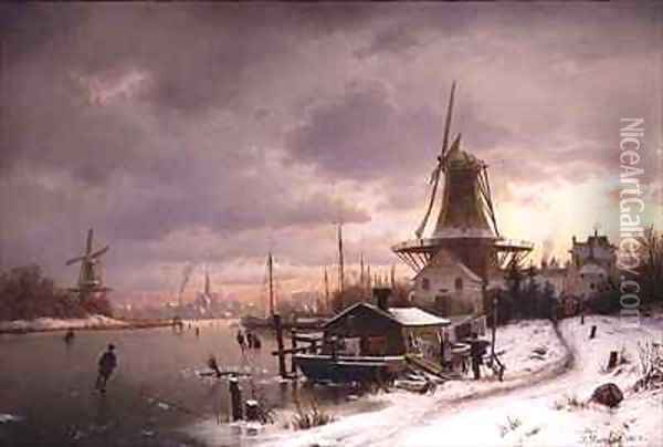 House Boat on a Frozen River Oil Painting - Johannes Bartolomaus Duntze
