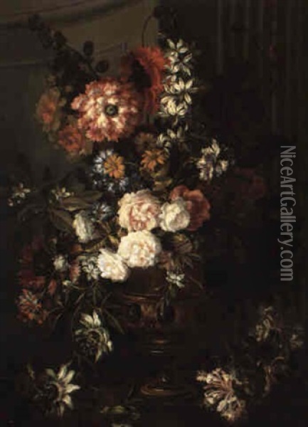 Still Life Of A Bouquet Of Flowers In An Urn On A Stone Table Oil Painting - Jean-Baptiste Monnoyer