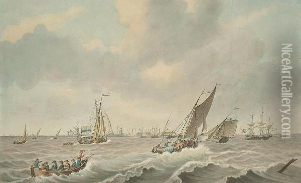 Shipping In A Swell, Thought To Be Off Helvoetsluys, Holland Oil Painting - Samuel Hutchinson