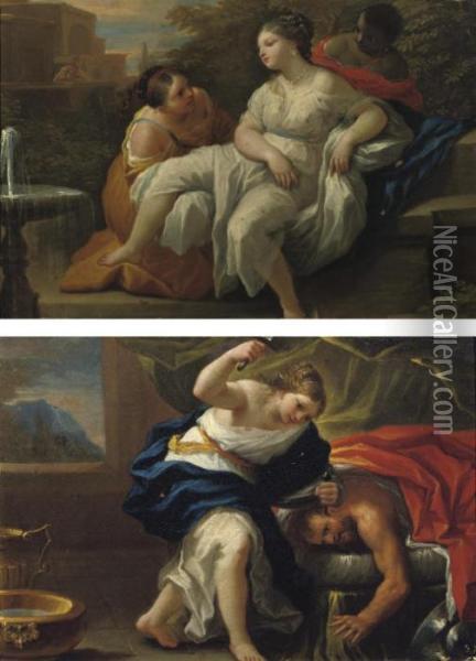 Jael Slaying Sisera; And David Spying On Bathsheba Oil Painting - Nicola Malinconico