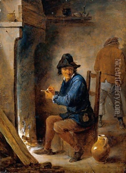Interior With A Peasant Smoking A Pipe Before A Fireplace Oil Painting - David The Younger Teniers