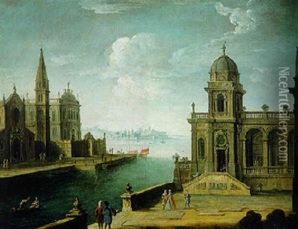 A Capriccio Of A Mediterranean Port With Elegant Figures Promenading Oil Painting - Francesco Battaglioli