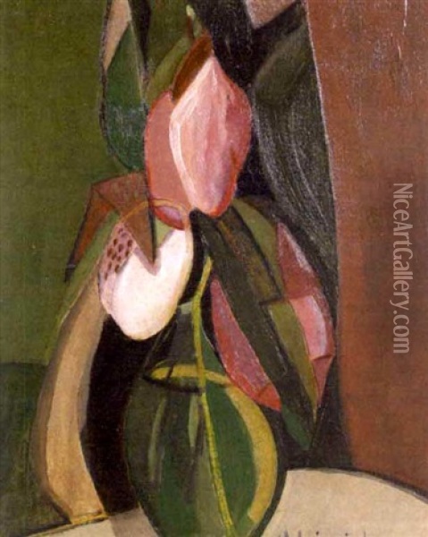Still Life With Vase Of Lady Slippers Oil Painting - Agnes Weinrich
