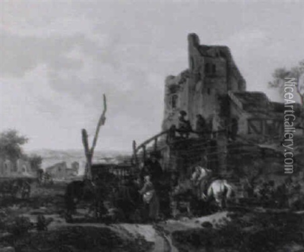 Une Halte De Cavaliers Devant Les Ruines D'une Forteresse Oil Painting - Claude Michel Hamon Duplessis