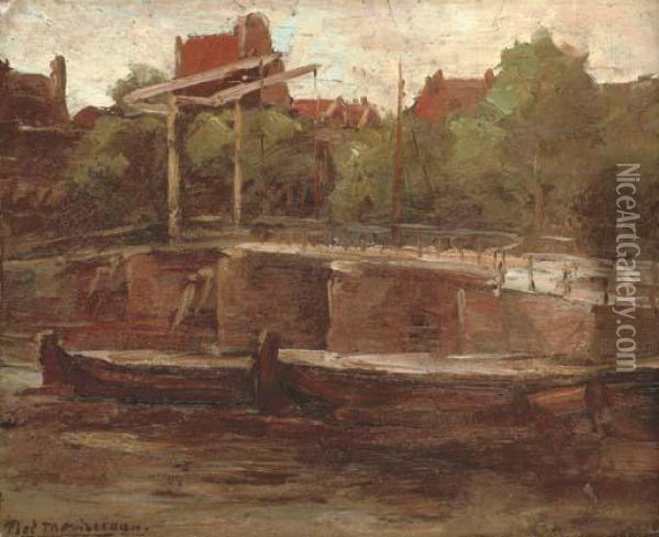 Waals-eilandgracht With Bridge And Flat Barges Oil Painting - Piet Mondrian