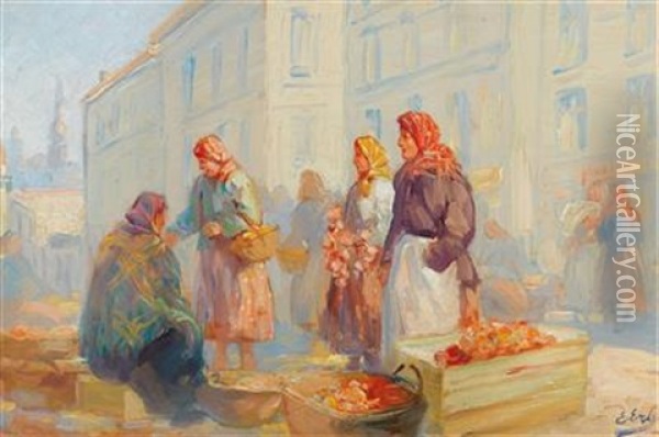 Market Day In Lviv Oil Painting - Erno Erb