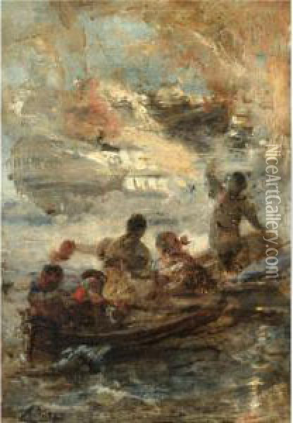 The Sinking Of The Turkish Flagship By Kanaris Oil Painting - Nikoforos Lytras