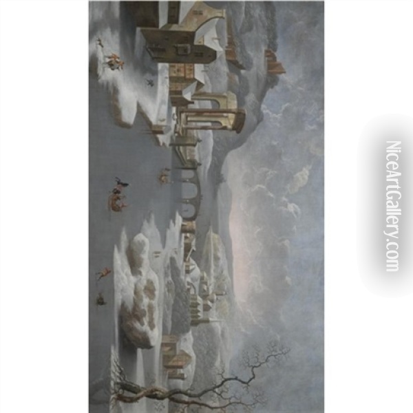 A Winter Landscape With Figures In Sleighs On A Frozen River Oil Painting - Joris van Bredael