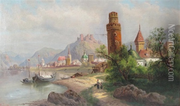 Flusslandschaft Mit Malerischer Ruine Und Mittelalterlichem Stadtchen Oil Painting - Alois Tott