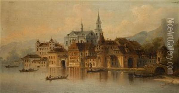 A Town By The River Oil Painting - J. Wilhelm Jankowski