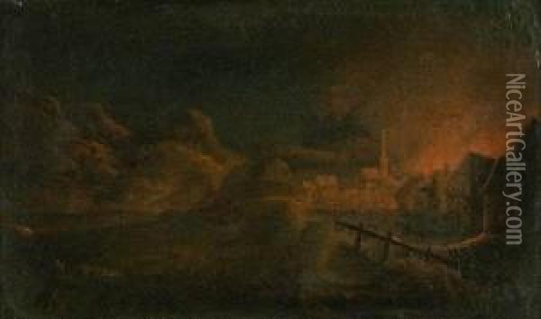 Nachtliche Feuersbrunst In Einem Dorf Oil Painting - Johann Georg Trautmann