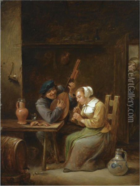 A Couple In An Inn Making Music, A Woman Listening In The Doorway Oil Painting - Pieter Fontijn