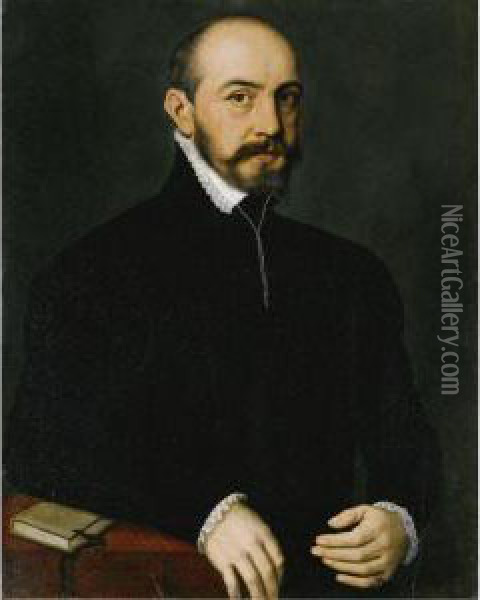 Portrait Of A Gentleman, Half-length, Wearing A Black Suit Oil Painting - Giacomo Antonio Moro
