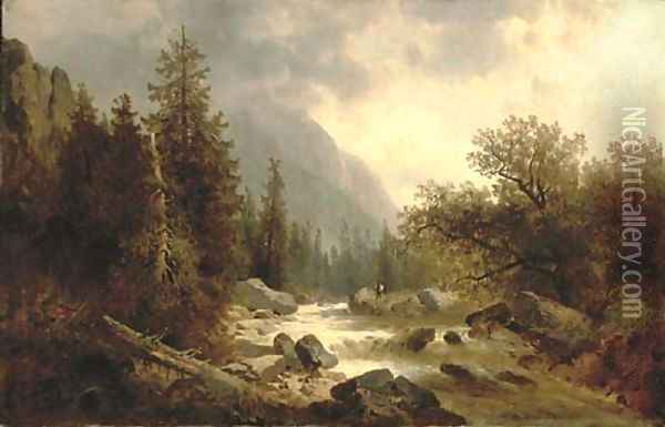 Fishing in an alpine landscape Oil Painting - Josef Thoma