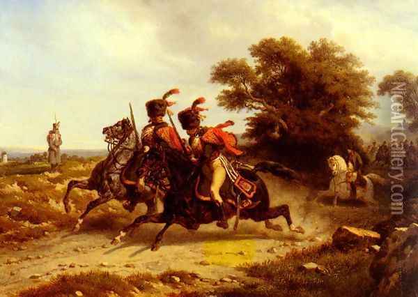 Hussards Escortant Napoleon (Hussards Escorting Napoleon) Oil Painting - Joseph-Louis Hippolyte Bellange