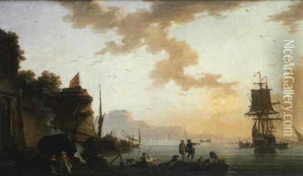 Un Vaisseau De Commerce Hollandais Devant Un Port Avec Le   Drapeau Catalan Oil Painting - Charles Francois Lacroix