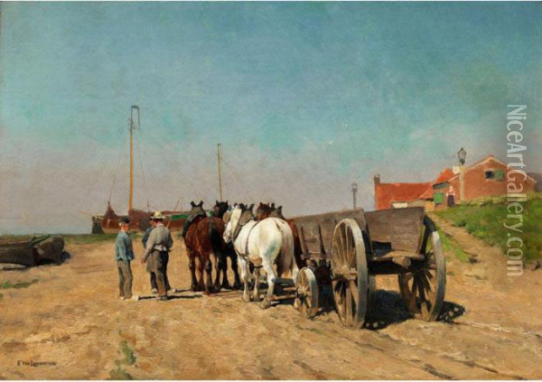 Pferdegespann Mit Lastkarren Auf Einer Sandigen Uferstrasse Oil Painting - Frans Van Leemputten