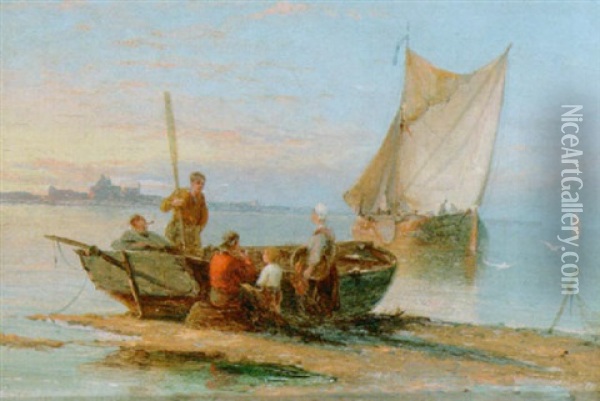 Figures By A Fishing Boat In A Bay Oil Painting - Pieter Cornelis Dommershuijzen