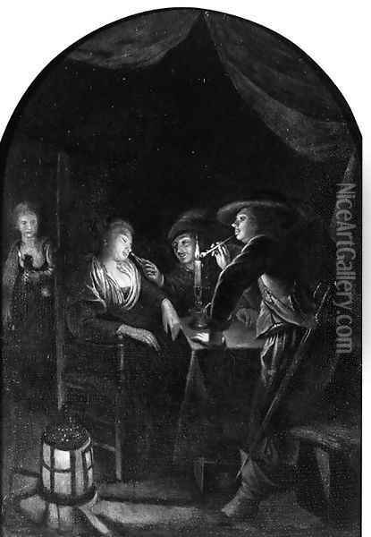 Cavaliers Teasing A Woman Asleep By A Table, In An Inn Oil Painting - Gerrit Dou