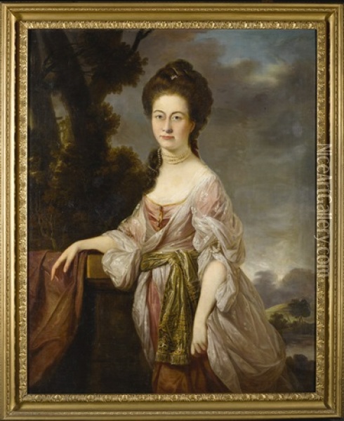 Portrait Of A Lady, Three-quarter-length, Standing In A Landscape, Wearing A Pink Dress With White Lace Sleeves And An Embroidered Waistband Oil Painting - David Martin