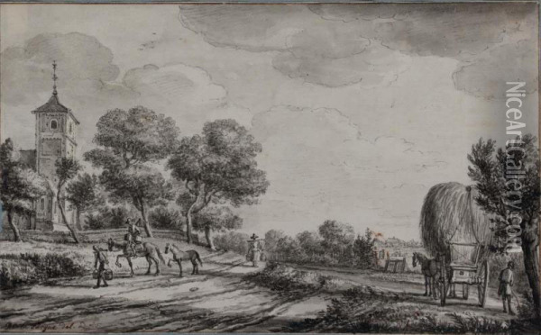 View Of Leidschendam, With Peasants Milking Cattle Oil Painting - Karel La Fargue