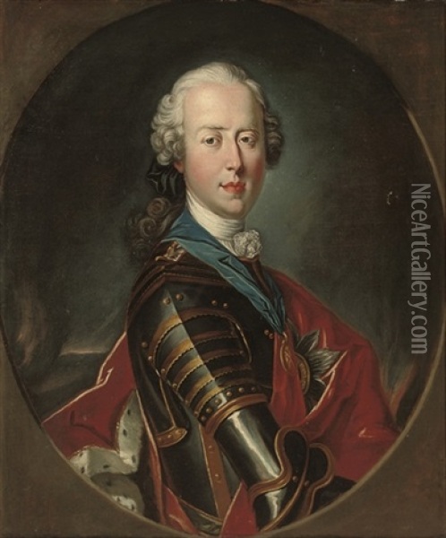Portrait Of Prince Charles Edward Stuart (1720-1788), Half-length, In Armour With An Ermine-lined Red Velvet Cloak, Wearing The Garter Sash With The Badge Of The Order Of The Thistle An Oil Painting - Giorgio Domenico Dupra
