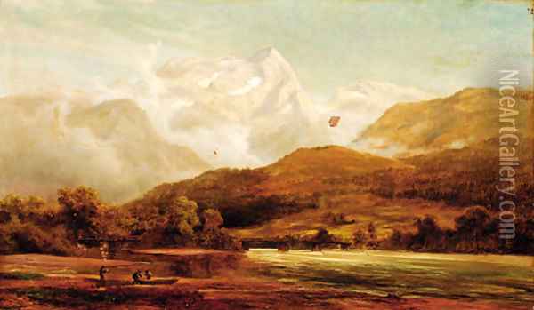 Figures loading a boat in a mountainous river landscape Oil Painting - Robert Gallon
