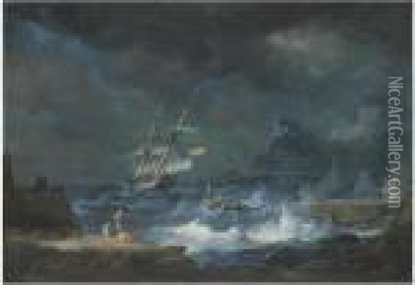 A Coastal Scene With Ships Weathering A Storm Oil Painting - Alexandre-Jean Noel