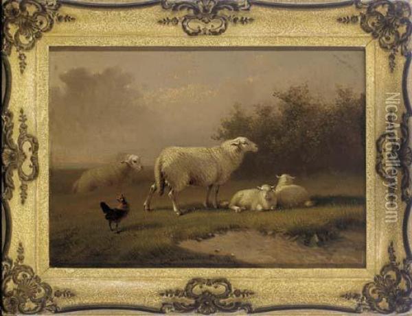 A Cockerel Inspecting Some Sheep Oil Painting - Eugene Joseph Verboeckhoven