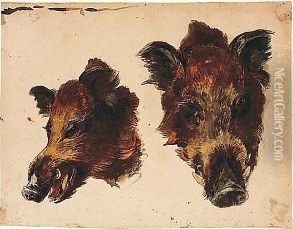 Two Studies Of A Boars Head Oil Painting - Jean-Baptiste Huet