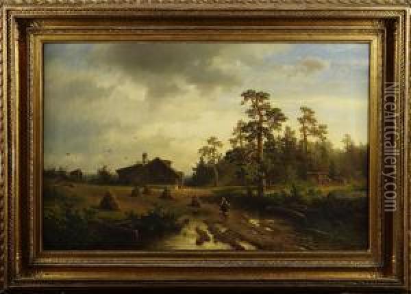 Landskap Med Hus Och Barn Oil Painting - Axel Wilhelm Nordgren