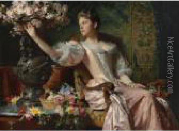 Young Beauty Amid The Conservatory Blossoms Oil Painting - Ladislas Wladislaw von Czachorski