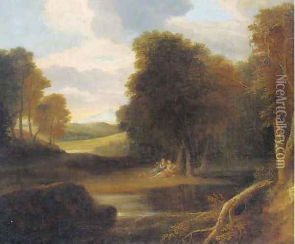 A classical landscape with nymphs reclining by a tree Oil Painting - Gaspard Dughet