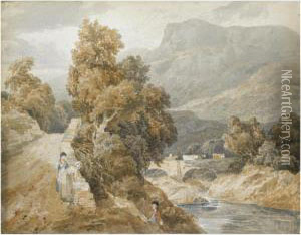 A Fisherman And Two Ladies In A Mountainous Landscape Oil Painting - William Havell