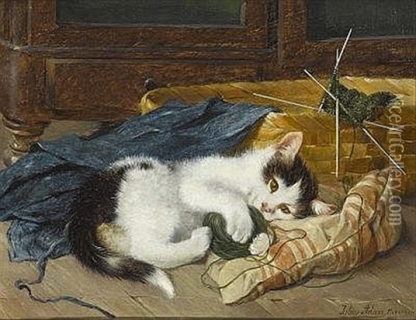 Mit Wollknauel Spielendes Katzchen Auf Blauer Decke Oil Painting - Julius Adam the Younger
