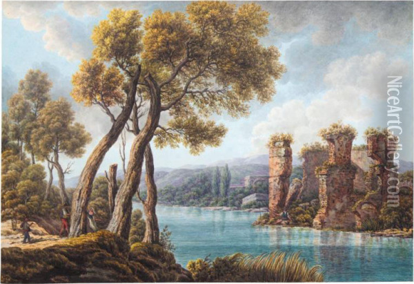 View Of The Lake Of Averno And The Temple Of Proserpina Near Naples Oil Painting - Pietro Martorana