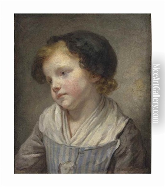 A Young Girl, Bust-length, In A Blue And White Striped Pinafore With Grey Sleeves And A Black Lace Bonnet Oil Painting - Jean Baptiste Greuze