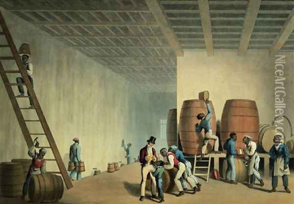 Inside the Distillery, Antigua, 1823 Oil Painting - William Clark