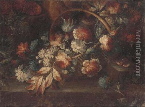 A Basket Of Flowers On A Ledge In A Clearing Oil Painting - Mario Nuzzi Mario Dei Fiori