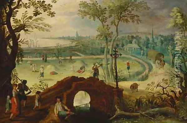 Summer an extensive landscape with harvesters, a view of Antwerp beyond Oil Painting - Sebastian Vrancx
