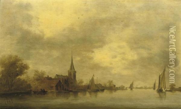 A River Landscape With Sailing Vessels Near A Village Oil Painting - Salomon van Ruysdael