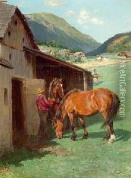 At The Stables Oil Painting - Julius von Blaas