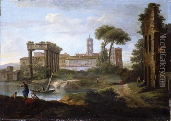A River Landscape With A Ruined Temple, A Roman Amphitheatre, And Buildings Beyond, Figures Conversing In The Foreground Oil Painting - Paolo Anesi