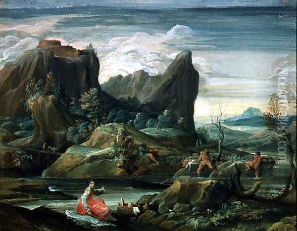 Landscape with Bathers Oil Painting - Agostino Carracci