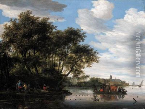 A View Of The River Vecht, With A
 Ferry And Fishermen Unloadingtheir Boat, Nijenrode Castle Beyond Oil Painting - Salomon van Ruysdael